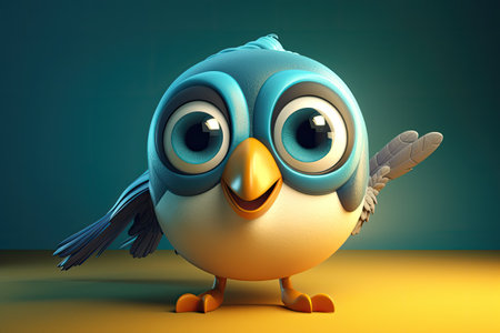 Funny image of a 3D cartoon bird in blue and yellow colors with a blue background by generative AIの素材