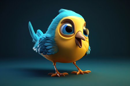 Funny image of a 3D cartoon bird in blue and yellow colors with a blue background by generative AIの素材