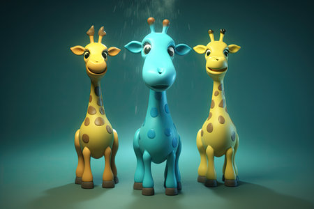 Funny image of a 3D cartoon giraffe in blue and yellow colors with a blue background by generative AIの素材