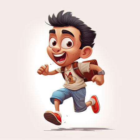 Schoolboy returning to class in the form of a cartoon character with a caricature face by generative AIの素材