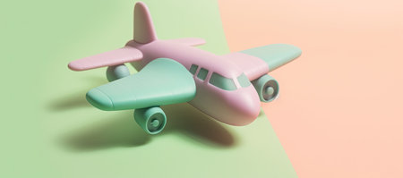 An illustration of a toy plane resting on a pale green background, in a colorful style with light green, light pink, and teal colors by generative AIの素材