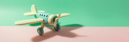 An illustration of a toy plane resting on a pale green background, in a colorful style with light green, light pink, and teal colors by generative AIの素材