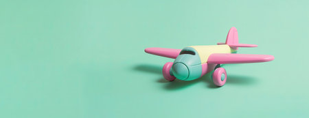 An illustration of a toy plane resting on a pale green background, in a colorful style with light green, light pink, and teal colors by generative AIの素材