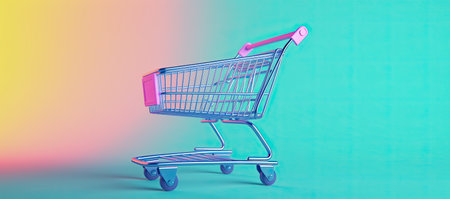 A beautiful and elegant shopping cart in light beige pastel tones, against a plain colored background generative AIの素材
