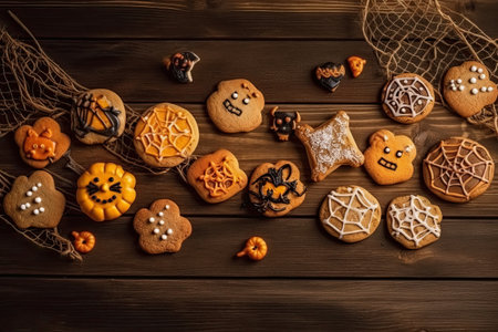 Illustration of Halloween cookies on a dark and spooky wooden background by generative AIの素材