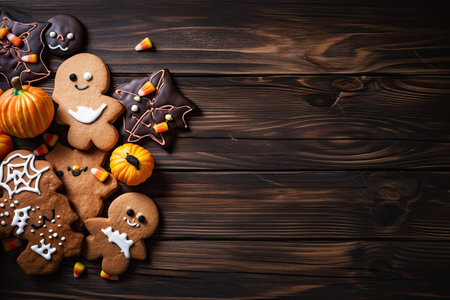 Illustration of Halloween cookies on a dark and spooky wooden background by generative AIの素材