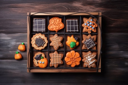 Illustration of Halloween cookies on a dark and spooky wooden background by generative AIの素材