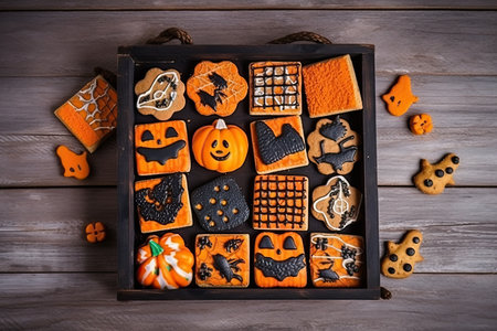 Illustration of Halloween cookies on a dark and spooky wooden background by generative AIの素材