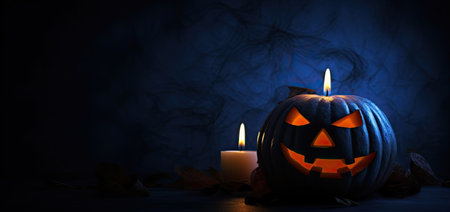 Halloween pumpkin Jack-o'-Lantern with light on a black background. Terrifying image. Generative AIの素材