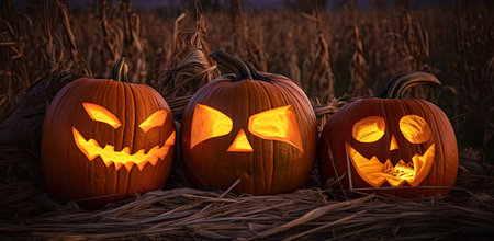 Halloween pumpkins Jack-o'-Lanterns glowing in the dark at sunset. Terrifying image. Generative AIの素材