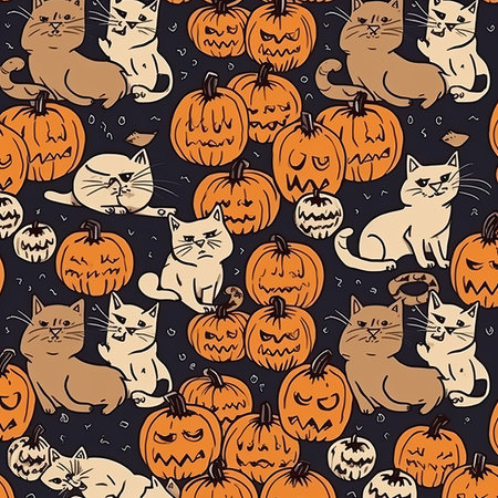 Halloween background with a pattern of kittens and pumpkins in a vintage style by generative AIの素材