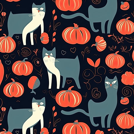Beautiful illustration to use as a background with a Halloween pattern featuring black cats and orange pumpkins on a black background by generative AIの素材