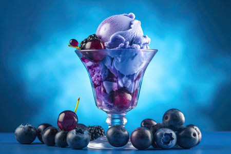 Delicious blueberry ice cream sundae over purple background. Generative AI.の素材