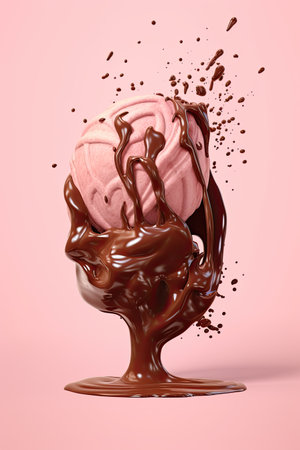 Hand made chocolate ice cream melting on a pink background. Generative AIの素材