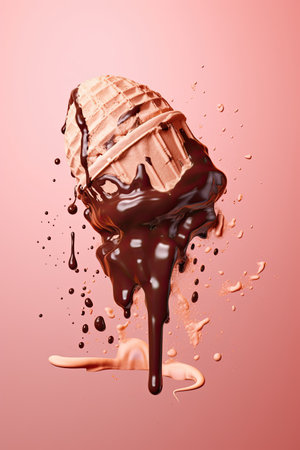 Hand made chocolate ice cream melting on a pink background. Generative AIの素材