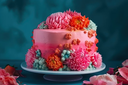 Beautiful pink cake decorated with many flowers. Wedding foot. Generative AIの素材