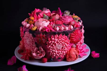 Beautiful pink cake decorated with many flowers. Wedding foot. Generative AIの素材