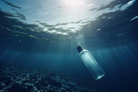 Underwater bottle in the dark ocean. Generative AIの素材