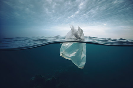 Underwater plastic bag pollution in the ocean. Generative AIの素材