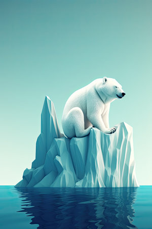 Polar bear on ice floe. Dark blue background. Melting iceberg and global warming. Generative AIの素材