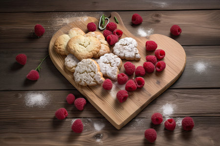 Hand made cookies with raspberries on a wooden background. Dark background. Generative AIの素材
