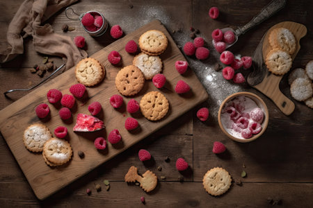 Hand made cookies with raspberries on a wooden background. Dark background. Generative AIの素材