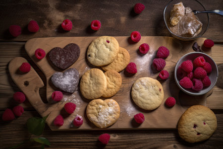 Hand made cookies with raspberries on a wooden background. Dark background. Generative AIの素材