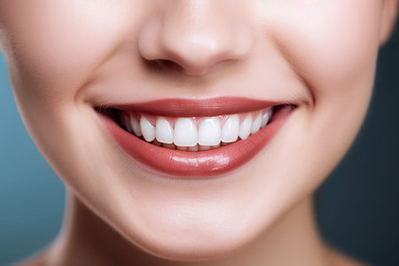 Perfect smile of healthy teeth of a young woman. Dentistry concept. Generative AIの素材