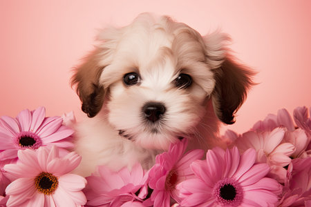 Adorable and affectionate puppy dog on a pink background surrounded by flowers by generative AIの素材