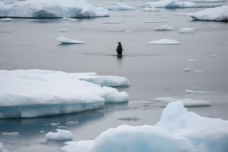 A lone penguin on a melting ice floe representing climate change and global warming by generative AIの素材