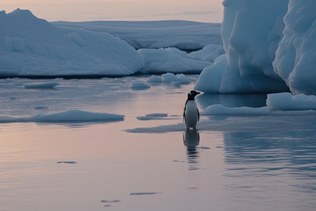 A lone penguin on a melting ice floe representing climate change and global warming by generative AIの素材