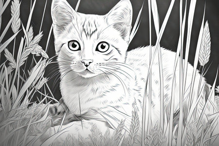 A coloring page of a cute kitten, an illustration for children to learn to draw by generative AIの素材