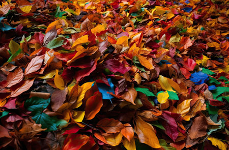 A lot of colorful leaves in the style of naturalistic tones. Bright colour. Generative AIの素材