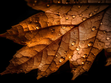 Brown maple leaf isolated on a dark background. Autumn dry leaf. Generative AIの素材