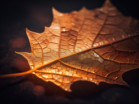 Brown maple leaf isolated on a dark background. Autumn dry leaf. Generative AIの素材