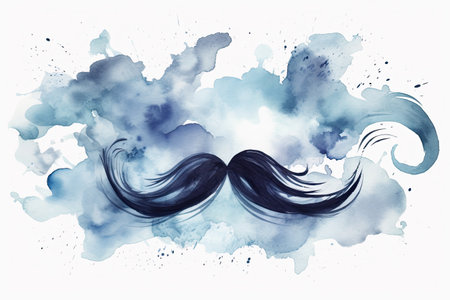 An image of a mustache in watercolor on a white background, in shades of dark blue and light blue by generative AIの素材