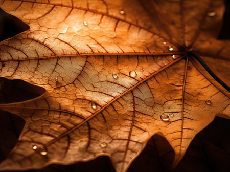 Brown maple leaf isolated on a dark background. Autumn dry leaf. Generative AIの素材