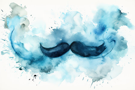 An image of a mustache in watercolor on a white background, in shades of dark blue and light blue by generative AIの素材