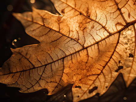 Brown maple leaf isolated on a dark background. Autumn dry leaf. Generative AIの素材