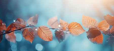 Panoramic image of a branch in autumn. Fall seasonal colors. Generative AIの素材