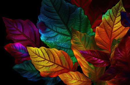 A lot of colorful leaves in the style of naturalistic tones. Bright colour. Generative AIの素材