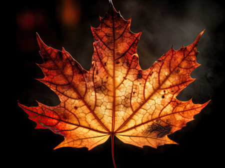 Brown maple leaf isolated on a dark background. Autumn dry leaf. Generative AIの素材