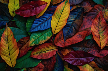 A lot of colorful leaves in the style of naturalistic tones. Bright colour. Generative AIの素材