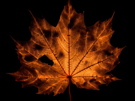 Brown maple leaf isolated on a dark background. Autumn dry leaf. Generative AIの素材