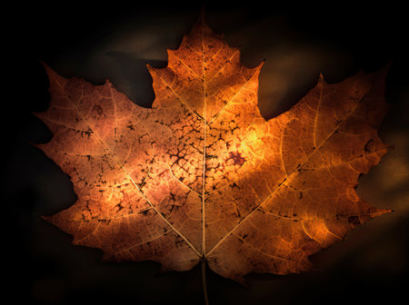 Brown maple leaf isolated on a dark background. Autumn dry leaf. Generative AIの素材