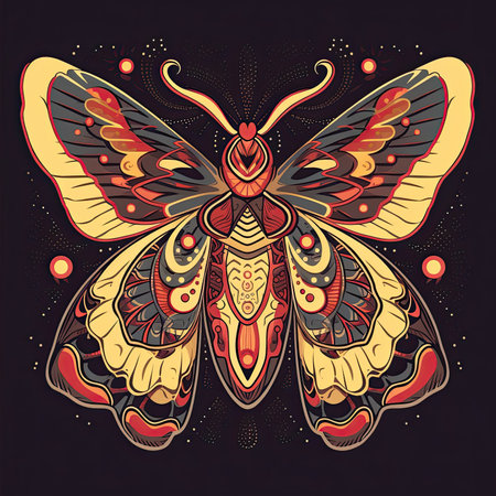 A tattoo inspired by a moth with dark-colored wings in light yellow and crimson colors by generative AIの素材