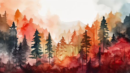 Fall landscape with brown and orange misty forest trees. Generative AIの素材
