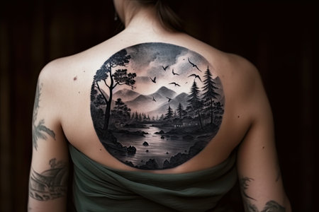 Tattoo of a wild forest in dark and melancholic tones, in a circular shape by generative AIの素材