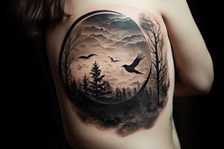 Tattoo of a wild forest in dark and melancholic tones, in a circular shape by generative AIの素材
