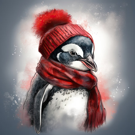 A cute penguin with a hat and scarf, in a cartoon style, red and gray by generative AIの素材